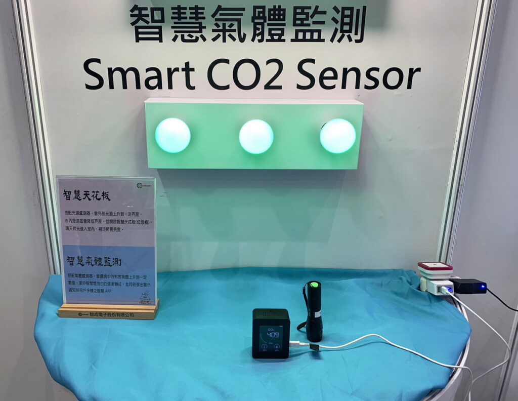 以藍牙模組協助開發的智慧氣體偵測,能感測有害氣體,並連動智慧照明,當環境中的二氧化碳濃度超標,會變色警戒,以防意外發生。