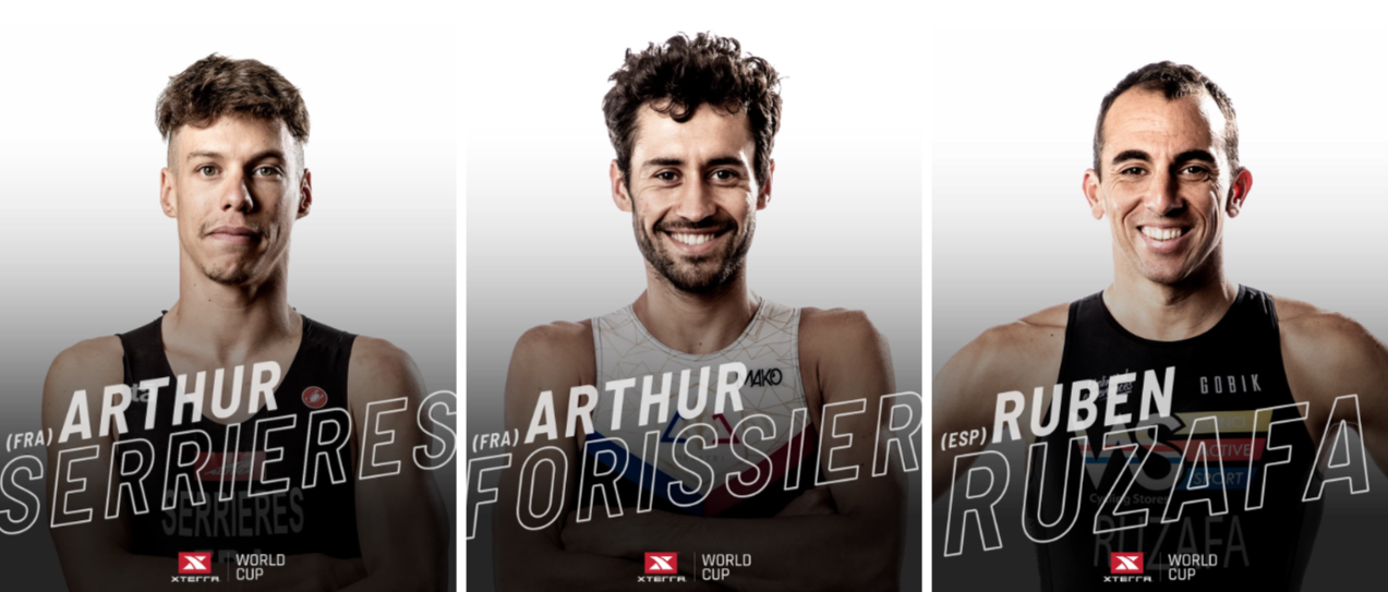 左起 Arthur Serrieres, Arthur Forissier, Ruben Ruzafa 在 2022 XTERRA 世錦賽贏得前三名,時隔不到半年就要風雲再起,登台對抗。