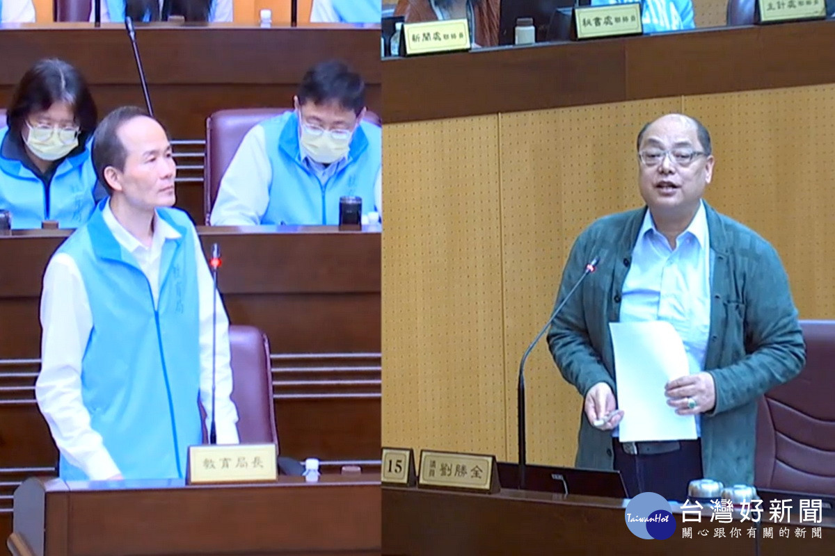 針對教育議題,桃園市議員劉勝全質詢市府教育局長劉仲城。