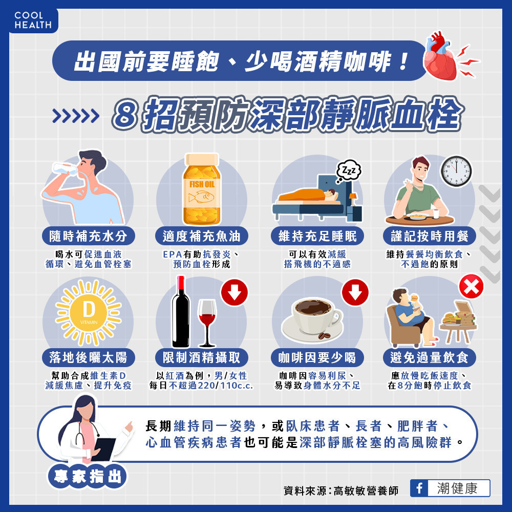 出國前要睡飽、少喝咖啡! 8招預防深部靜脈血栓 出國前要睡飽、少喝咖啡! 8招預防深部靜脈血栓