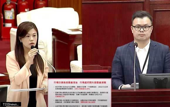 洪婉臻(左)質疑市場改建有問題,陳俊安(右)承諾將會調查清楚。(翻攝自台北巿議會直播畫面)