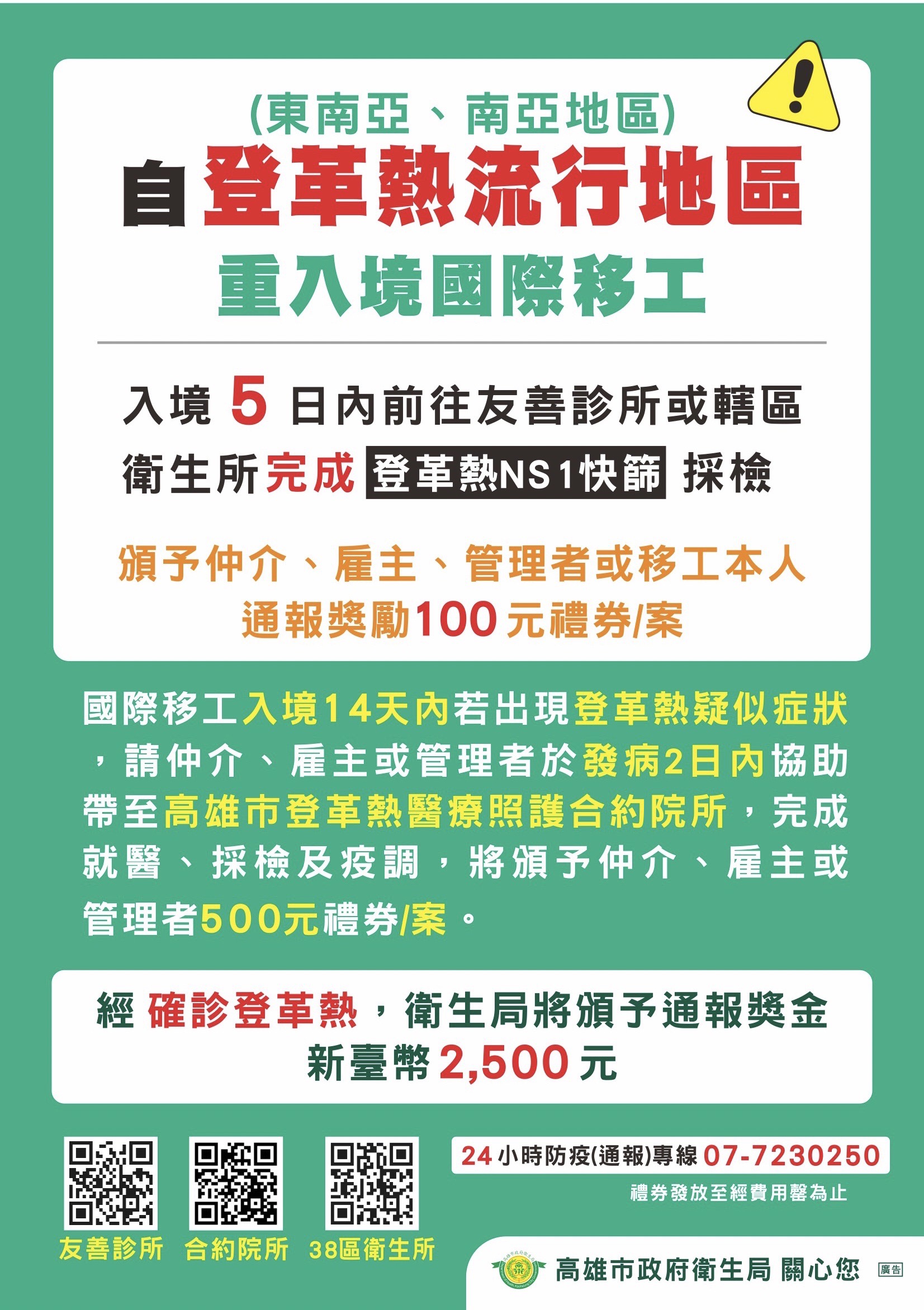 高雄市「決戰境外、全面出擊，登革熱防治記者會」 推出重入境國際移工入境5日內完成採檢等獎勵措施