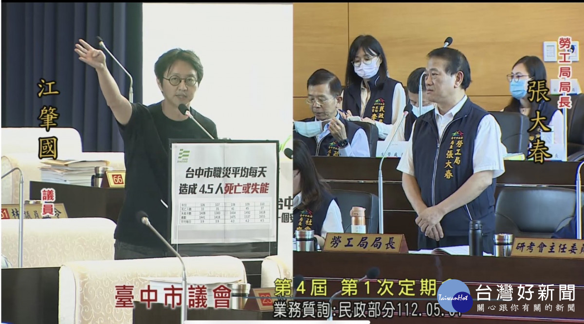 今天是五一勞動節，台中市議員江肇國在市議會要求勞工局長張大春許台中勞工一個安全安心的工作環境。取自台中市議會網站