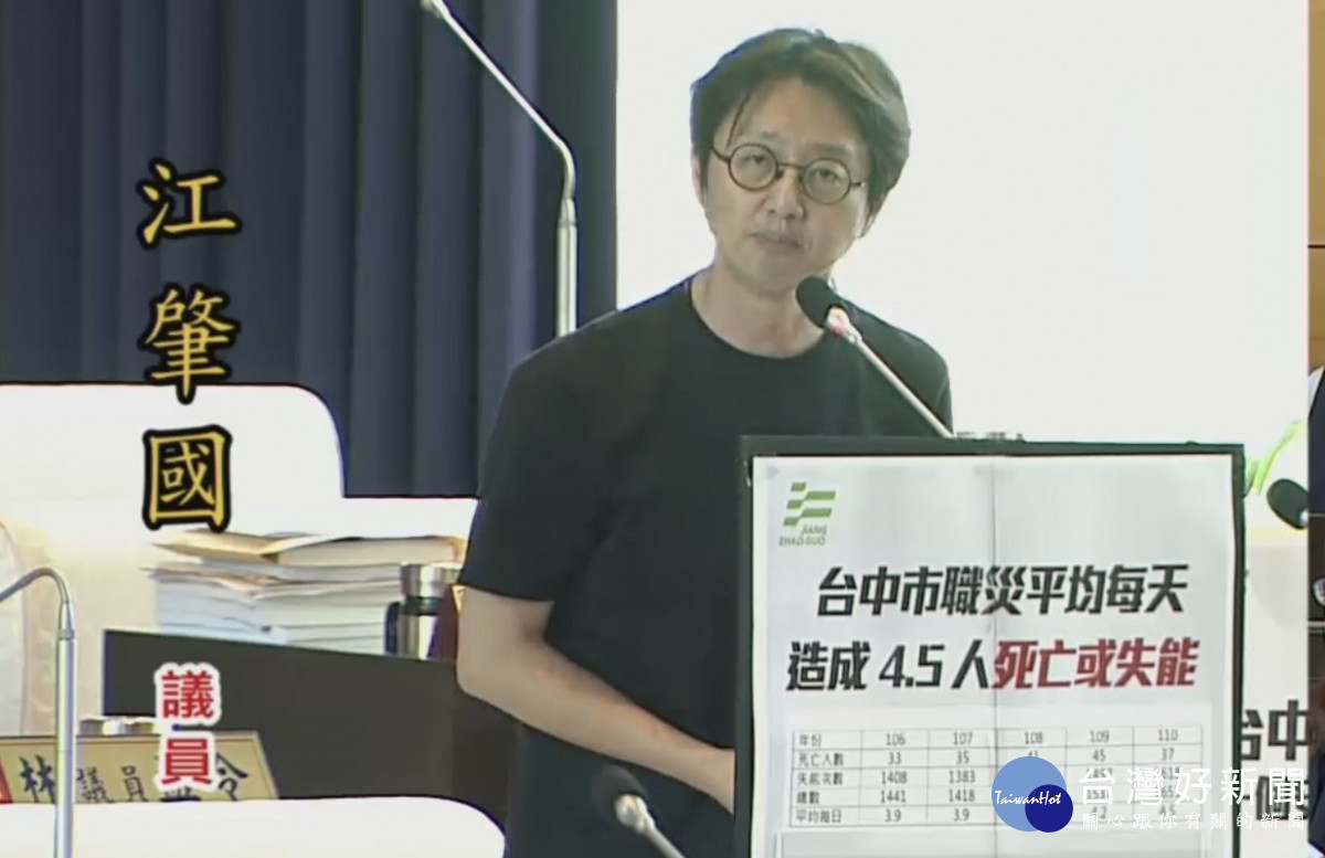 台中市議員江肇國以台中市統計勞工職災意外死亡與職災釀失能案統計,推算台中平均每日有4.5件職災釀勞工死亡或失能人次。取自台中市議會網站