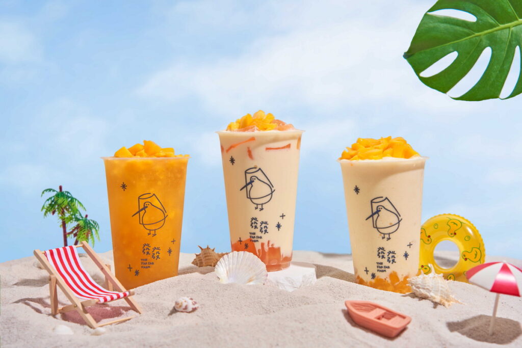 發發The Far Far Farm 5月新品:由左至右,芒芒高山青、楊枝甘露優格、發發好芒優格_海灘風