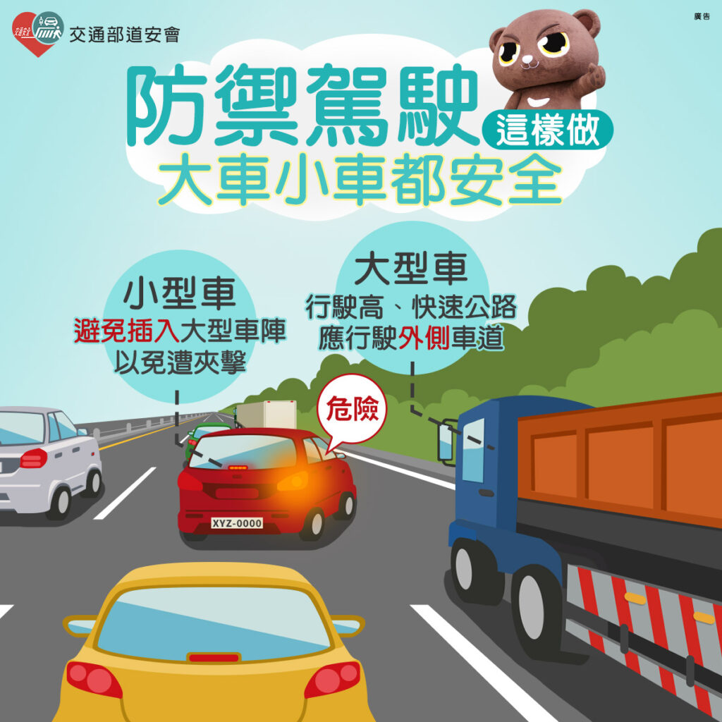 ▲ 行駛高速公路，小型車應盡量避免插入大型車陣中           (圖/台中市警察局 提供) 