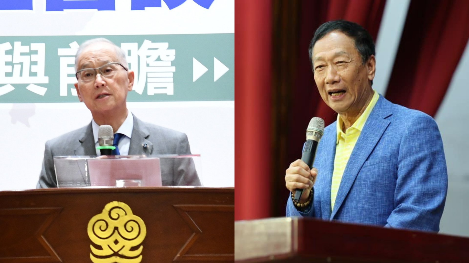 鴻海創辦人郭台銘(右)爆料總統府前秘書長李大維(左)替總統蔡英文傳話要他不要買疫苗,李大維澄清沒有這樣的事。翻攝郭台銘臉書、海基會網站