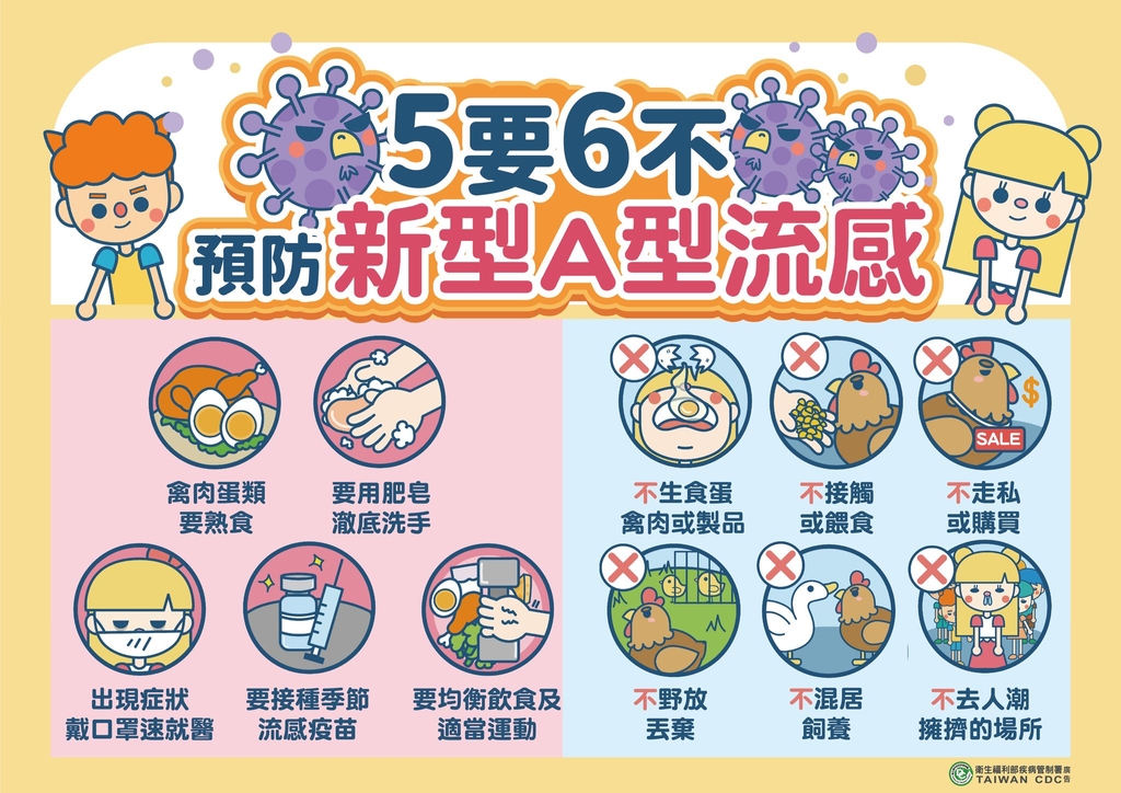 防範新型A型流感，民眾應遵守「5要6不」原則（圖：衛福部疾管署）