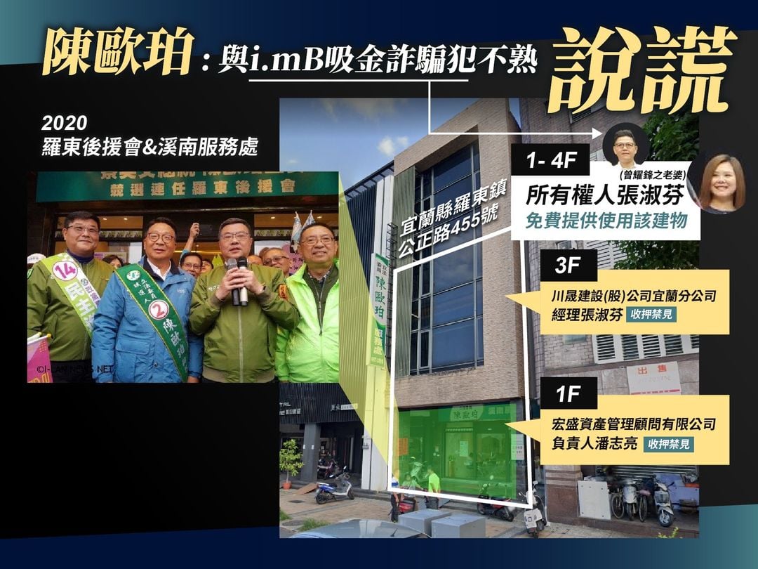 黃國昌爆料im.B的羅東大樓是民進黨立委陳歐珀服務處,要求陳歐珀說清楚收受多少利益。翻攝黃國昌臉書