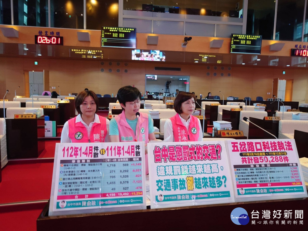 台中市議員陳雅惠(左起)、陳俞融、陳淑華今天聯合質詢時,要求市府組跨局處專案小組徹底解決台中交通安全問題。市議員陳俞融提供