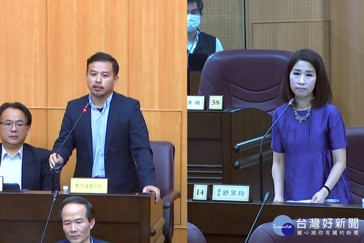 針對天幕球場興建問題,桃園市議員舒翠玲於議事堂上提出質詢。