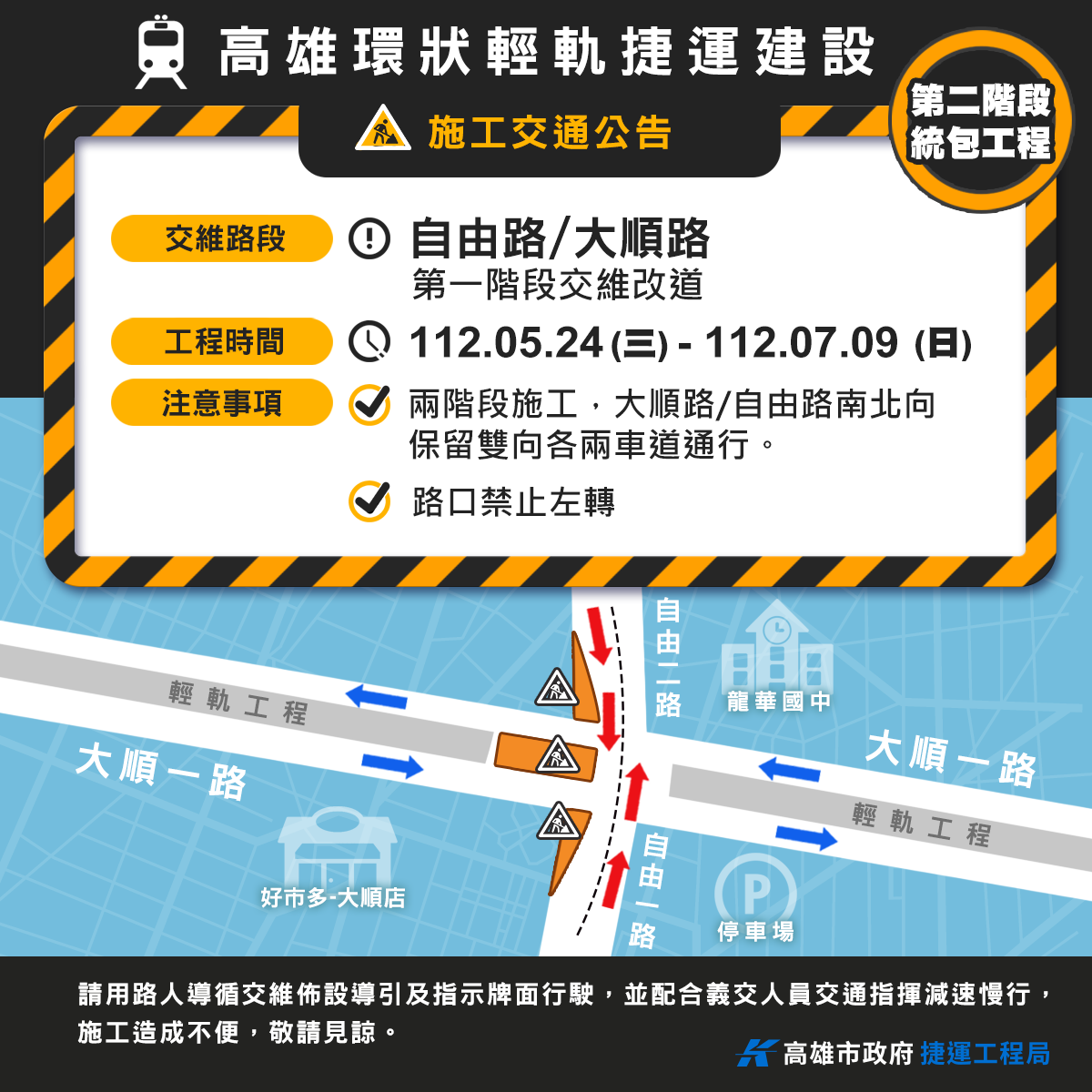 高雄輕軌大順路段富民路口、自由一路口、灣中街口 施工交維說明