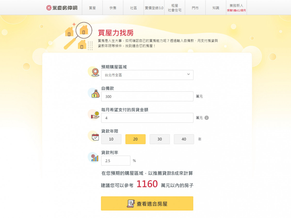 消費者只要在永慶房仲網的「買屋力找房」網站上輸入相關資料,就能輕鬆找出自己能夠負擔的房屋!