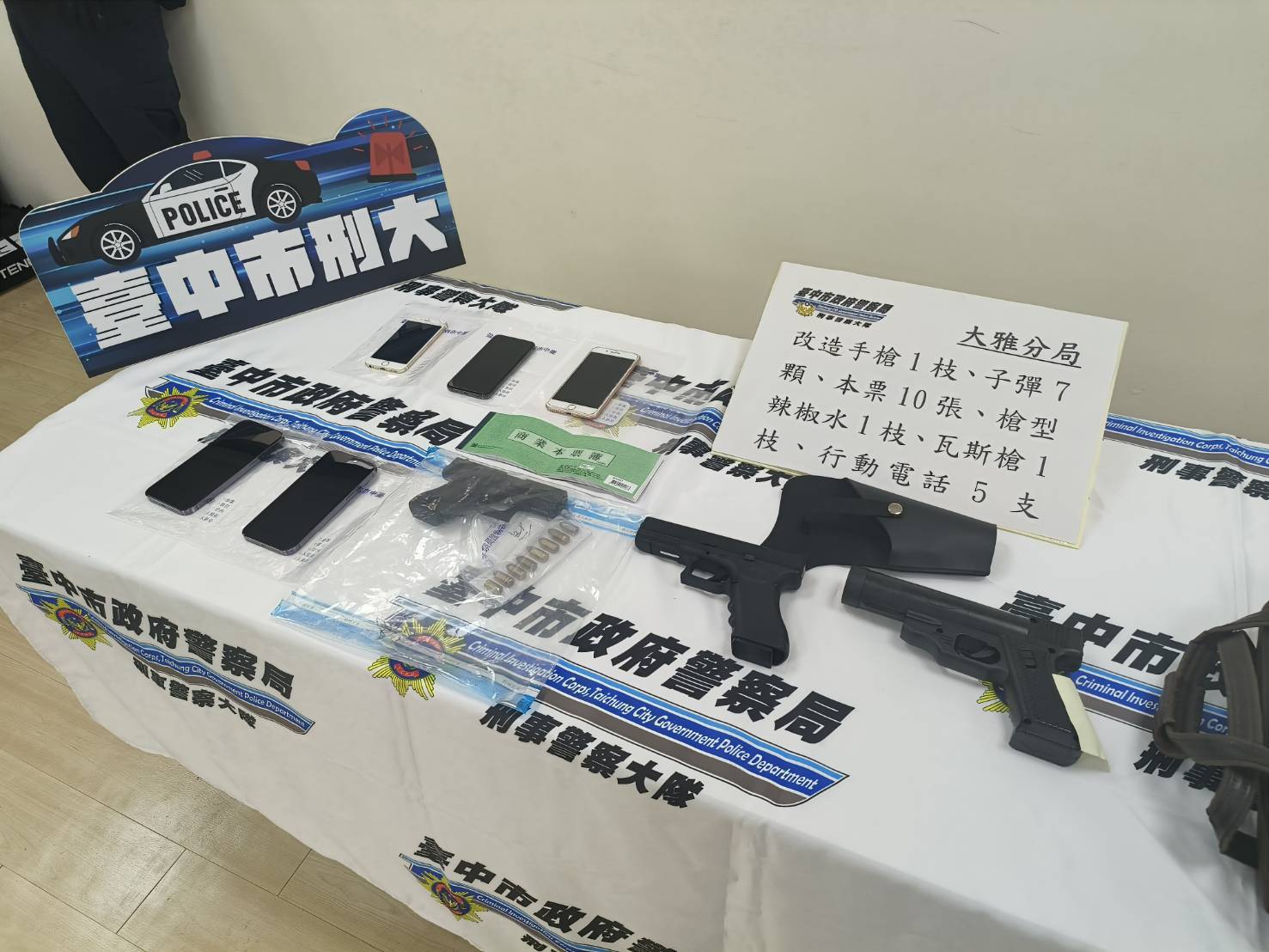 ▲圖說:大雅分局破獲5人暴力討債集團,起獲本票、辣椒水、瓦斯槍等證物 (圖/台中市政府提供)