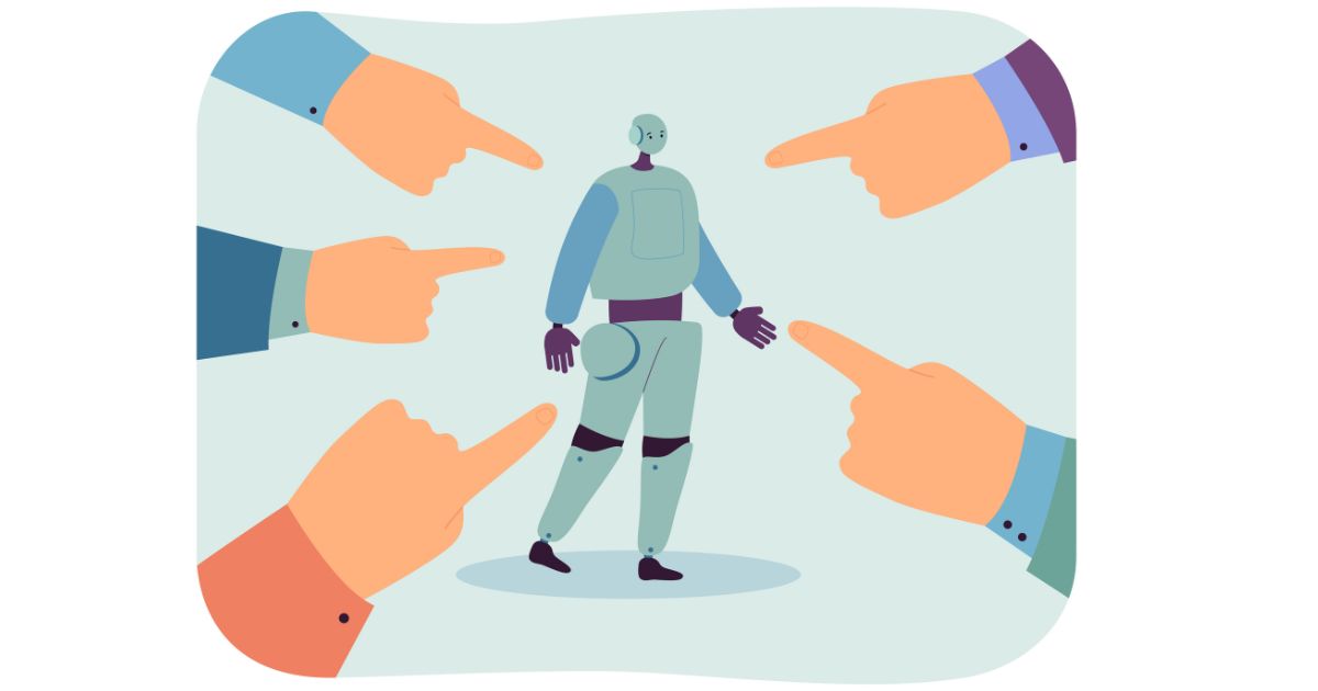 1200-Humanoid robot surrounded by hands pointing fingers