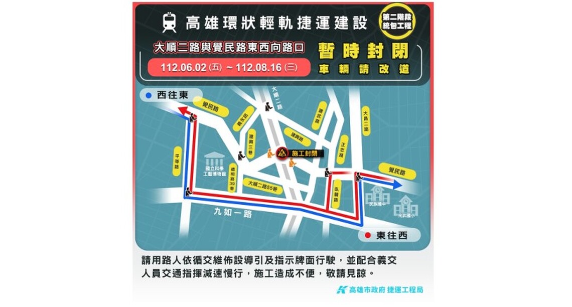 輕軌工程大順/覺民路東西向路口封閉施工 用路人請依規定通行