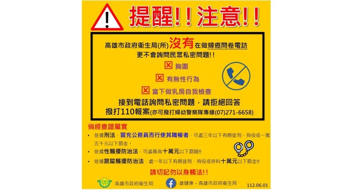 拒絕「假電訪真騷擾」 高市衛生局重申並無進行婦癌問卷調查