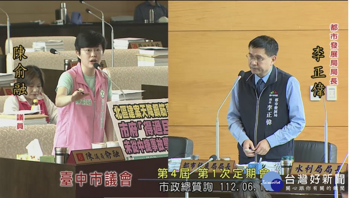 市議員陳俞融痛斥市府中捷意外後未記取教訓，害北區民眾又遭遇鋼筋從空而降的恐懼。取自台中市議會網站