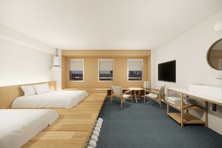 雀客旅館東京上野-雙床房設計圖,客房揉合日系簡約調性。 圖:敦謙國際/提供