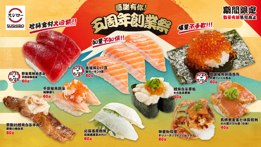 台灣壽司郎來台五週年慶,推出期間限定餐點(圖:台灣壽司郎)