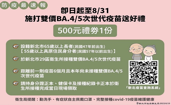 新北「長者暑期疫苗接種專案」 8月底前接種新冠疫苗領500元禮券