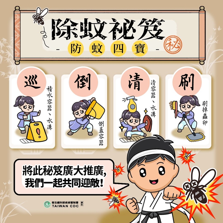 防治登革熱，做好「巡、倒、清、刷」清除環境孳生源。（圖：衛福部疾管署）