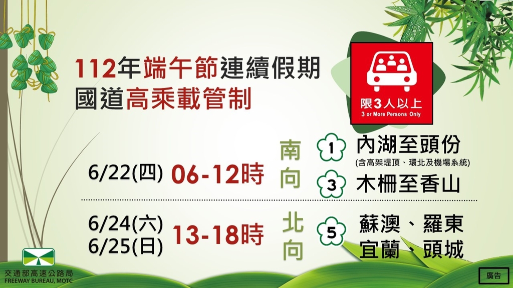 112端午節連假高乘載管制措施（圖：交通部高公局）
