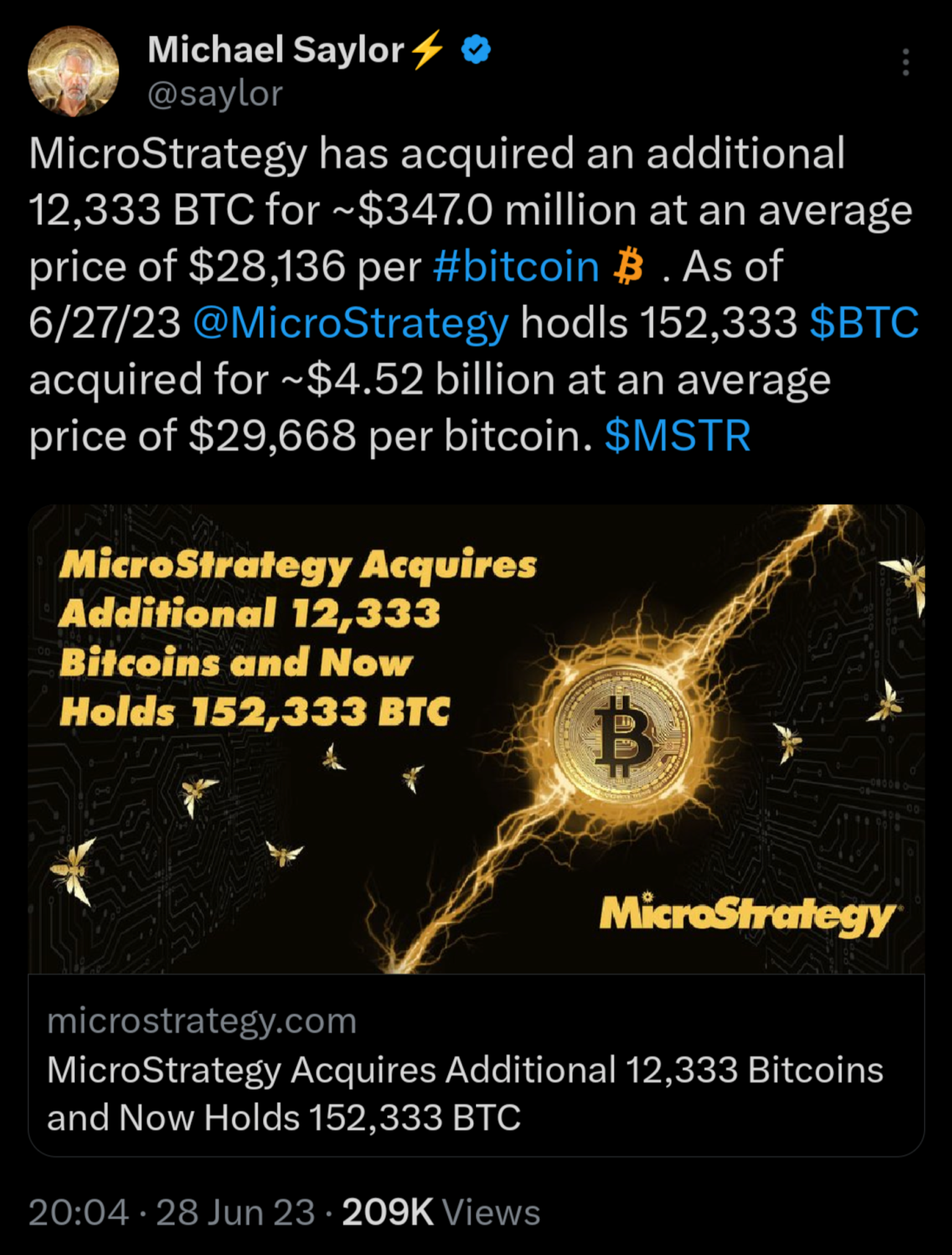 快訊：微策略再加碼買進12,333 枚比特幣