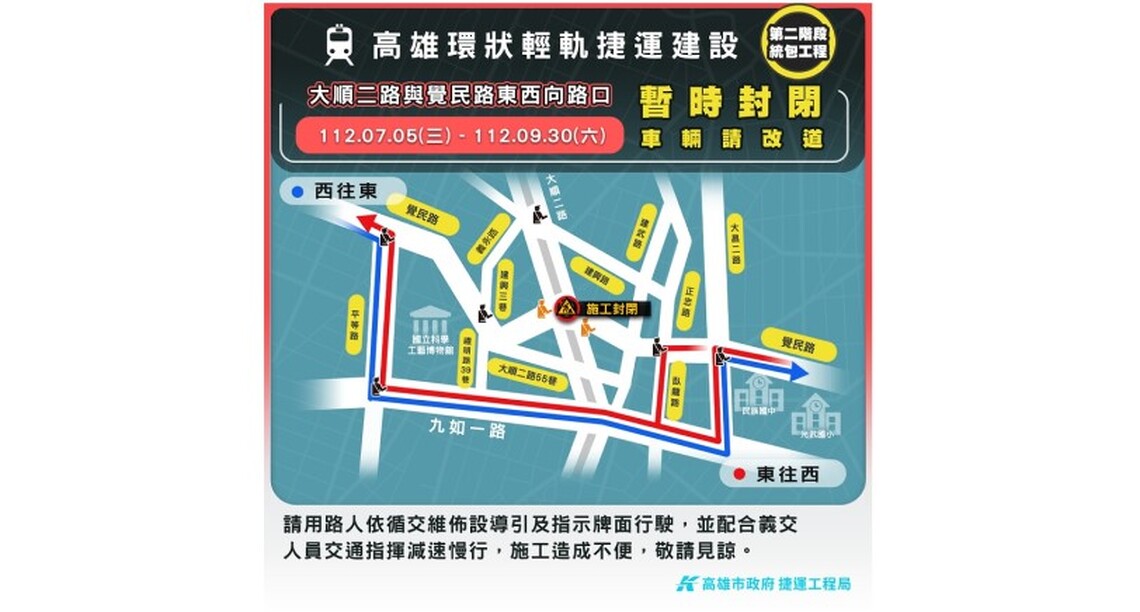 輕軌大順/覺民路口自7/5起 配合九如路交維調整進行封閉施工