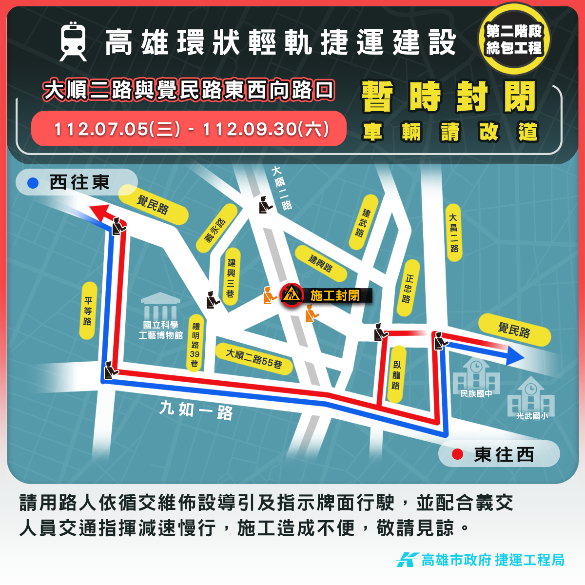 輕軌大順/覺民路口自7/5起配合九如路交維調整進行封閉施工