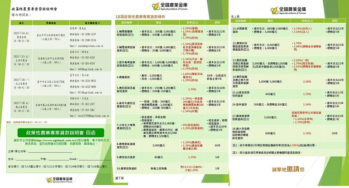 全國農業金庫「政策性農業專案貸款」說明會開放報名