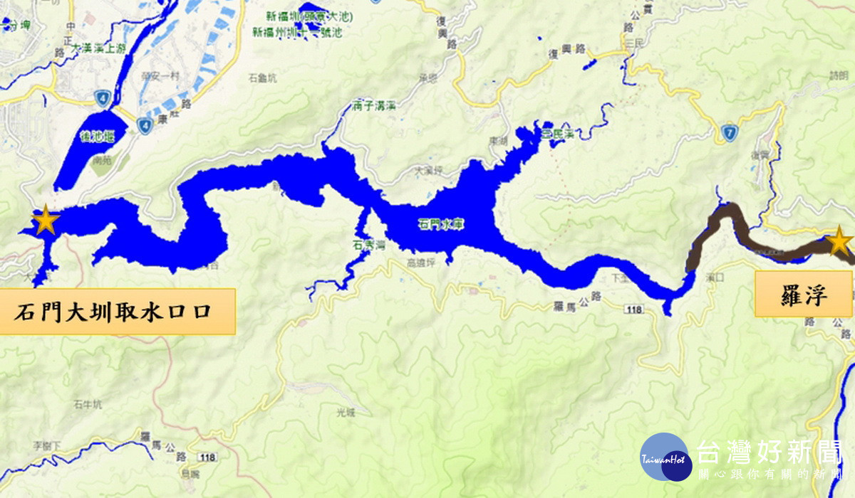 石門水庫羅浮橋段出現藻類增生,距水庫取水口約15公里。