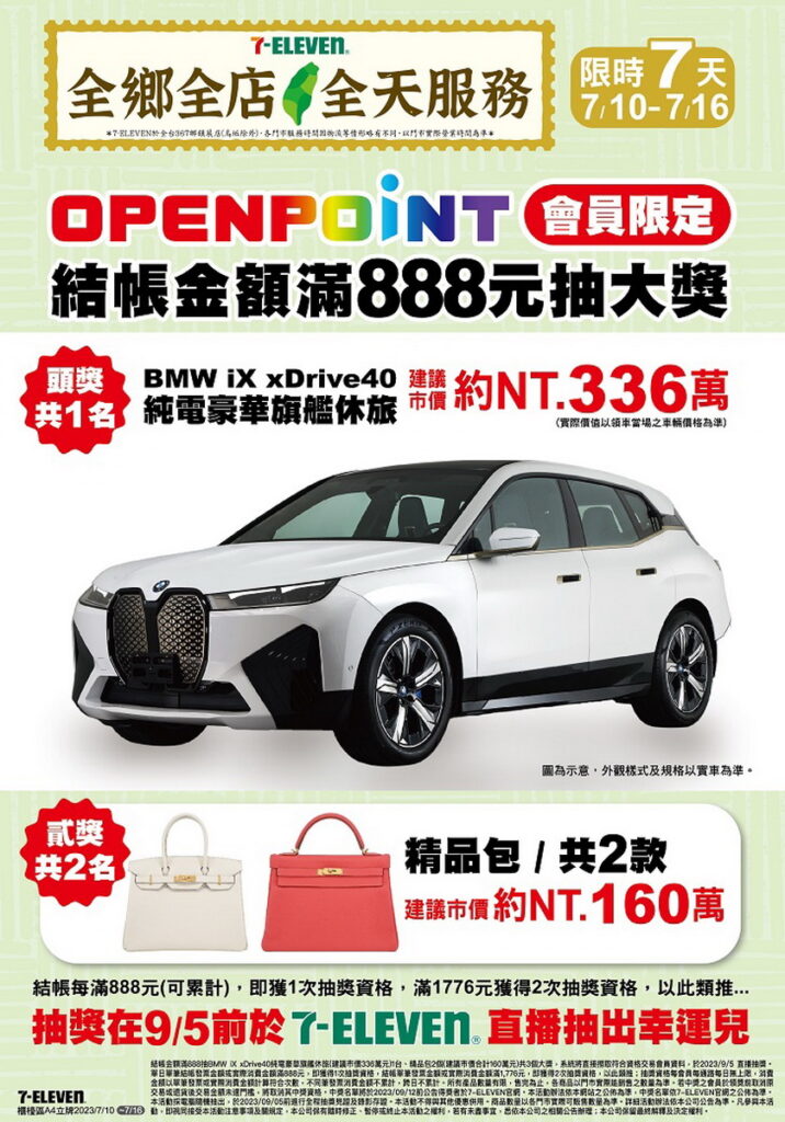 歡慶7-ELEVEN「全鄉全店 全天服務」里程碑達成,OPEN POINT會員至指定通路消費滿888元可參加抽獎活動