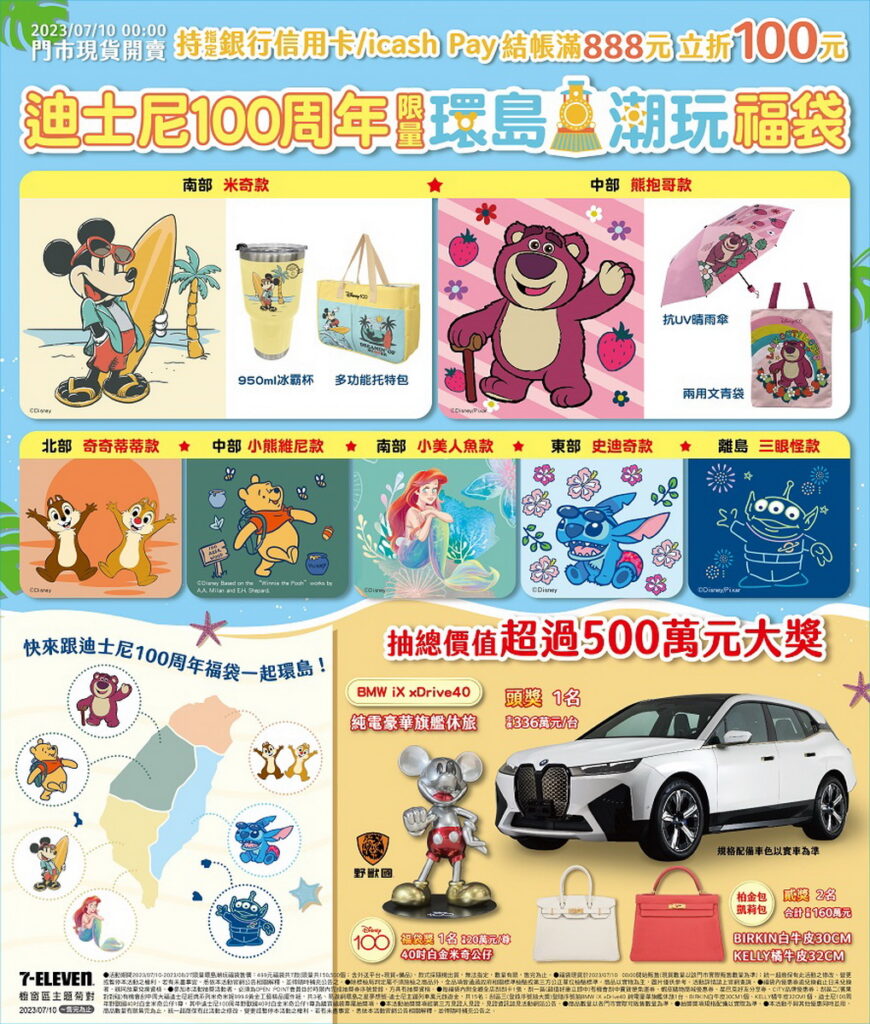歡慶7-ELEVEN「全鄉全店 全天服務」里程碑達成, 7-ELEVEN攜手迪士尼100周年環島之星夢想號跨界共同推出7款「迪士尼100周年限定 環島潮玩福袋」