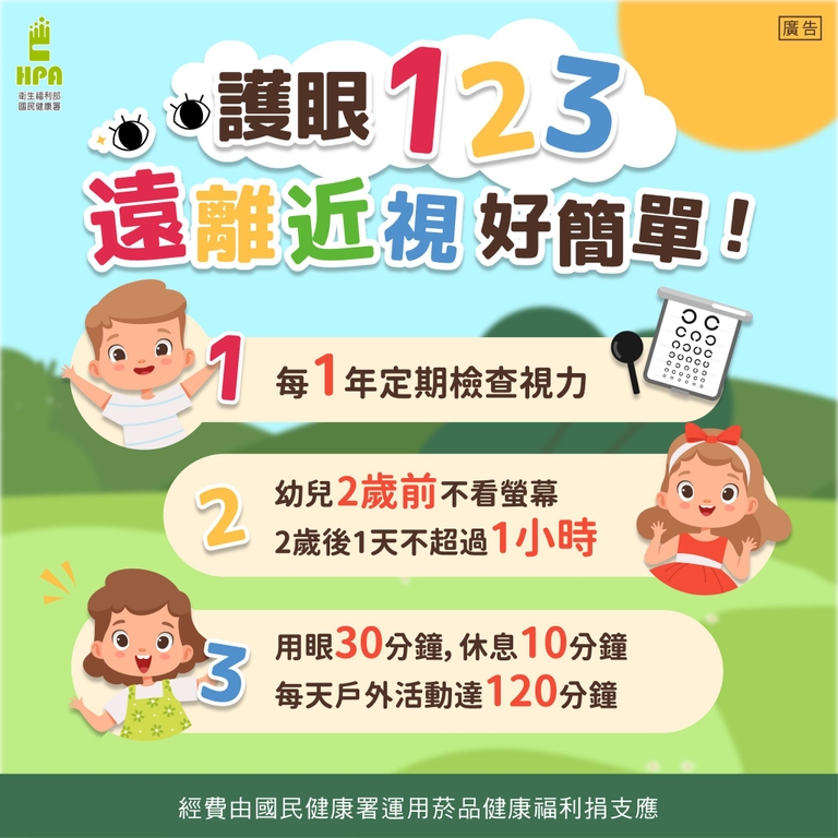 護眼123！遠離近視好簡單！（圖：衛福部國健署）