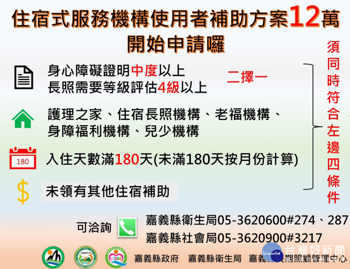 嘉義縣112年度「住宿式機構服務使用者補助方案」7月1日起受理申請／翻攝照片