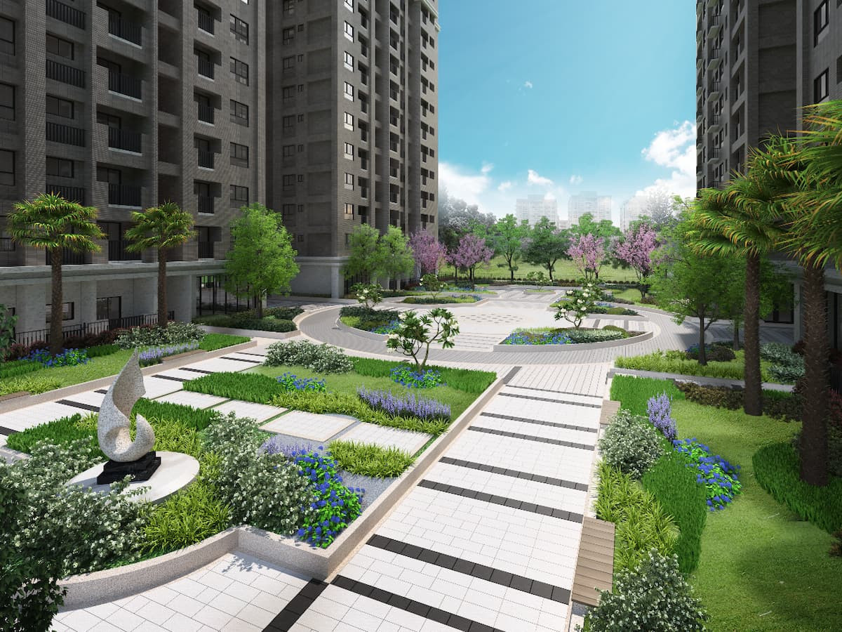 「秉和心豐花園」擁有近2700坪超大基地,仿效法國知名杜樂麗花園廣場打造的十字型中庭花園,是該案一大特色。圖為3D示意圖。(圖/業者提供)