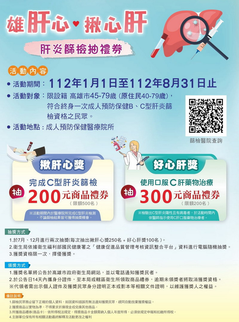 ▲「雄肝心 揪心肝」肝炎篩檢抽禮券活動，得到健康的同時，還有機會獲得百元禮券。