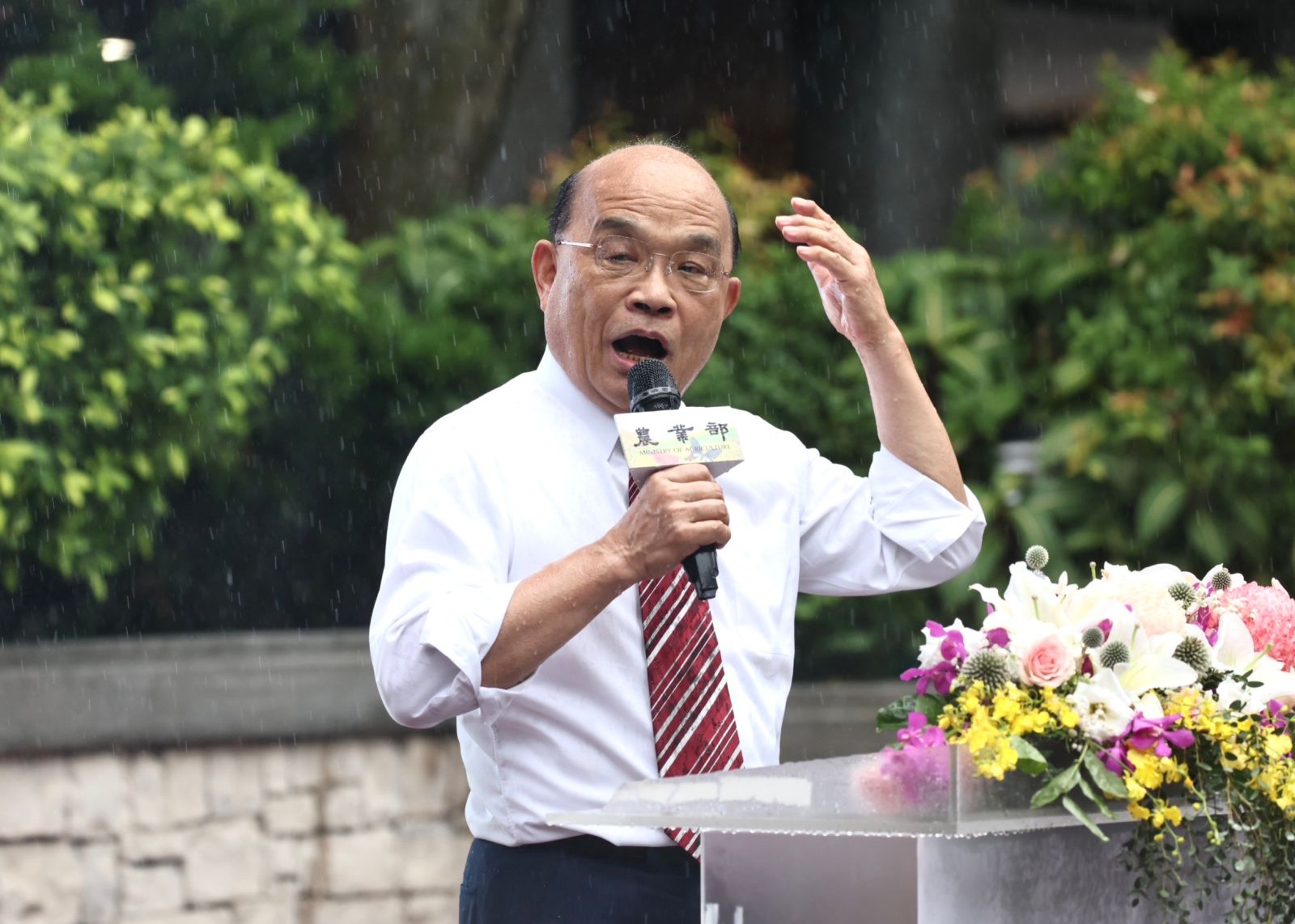 蘇貞昌同樣婉拒撐傘，在大雨中致詞。林啟弘攝