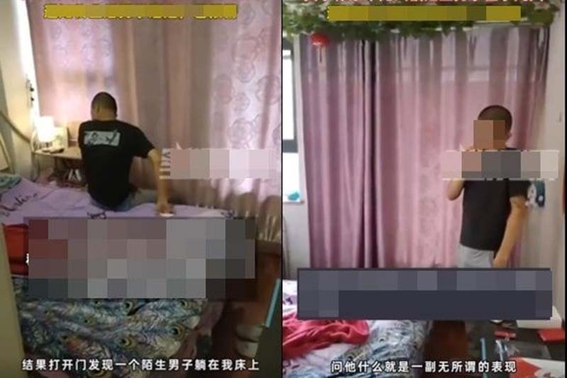 圖為妙齡女子返家後,竟發現陌生男子躺在家中睡覺。取材微博/星視頻