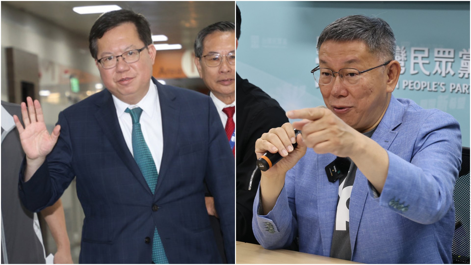 民眾黨主席柯文哲(右)批評前瞻軌道建設完工率膨風,行政院副院長鄭文燦(左)回擊,若按照柯算法,柯市長任內完工率0%。中央社、資料照片