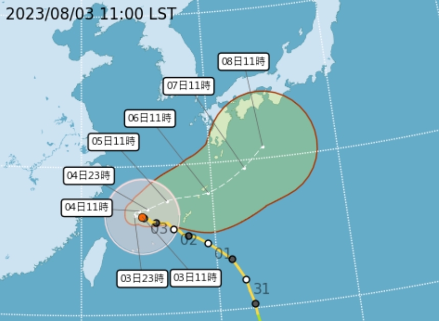 卡努颱風8月3日11點預測圖（圖：交通部氣象局）