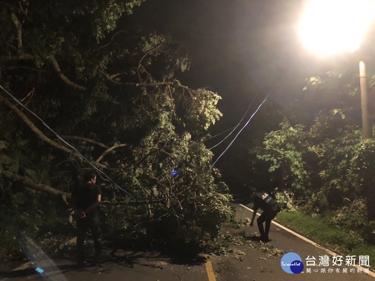 路樹不敵颱風襲擊,龍潭警徒手移樹交通管制及排除道路障礙。