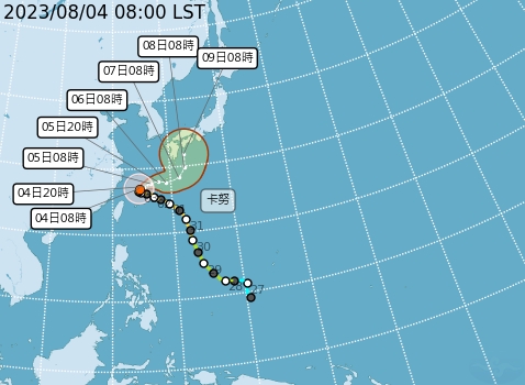 卡努颱風8月4日預測位置（圖：交通部氣象局）