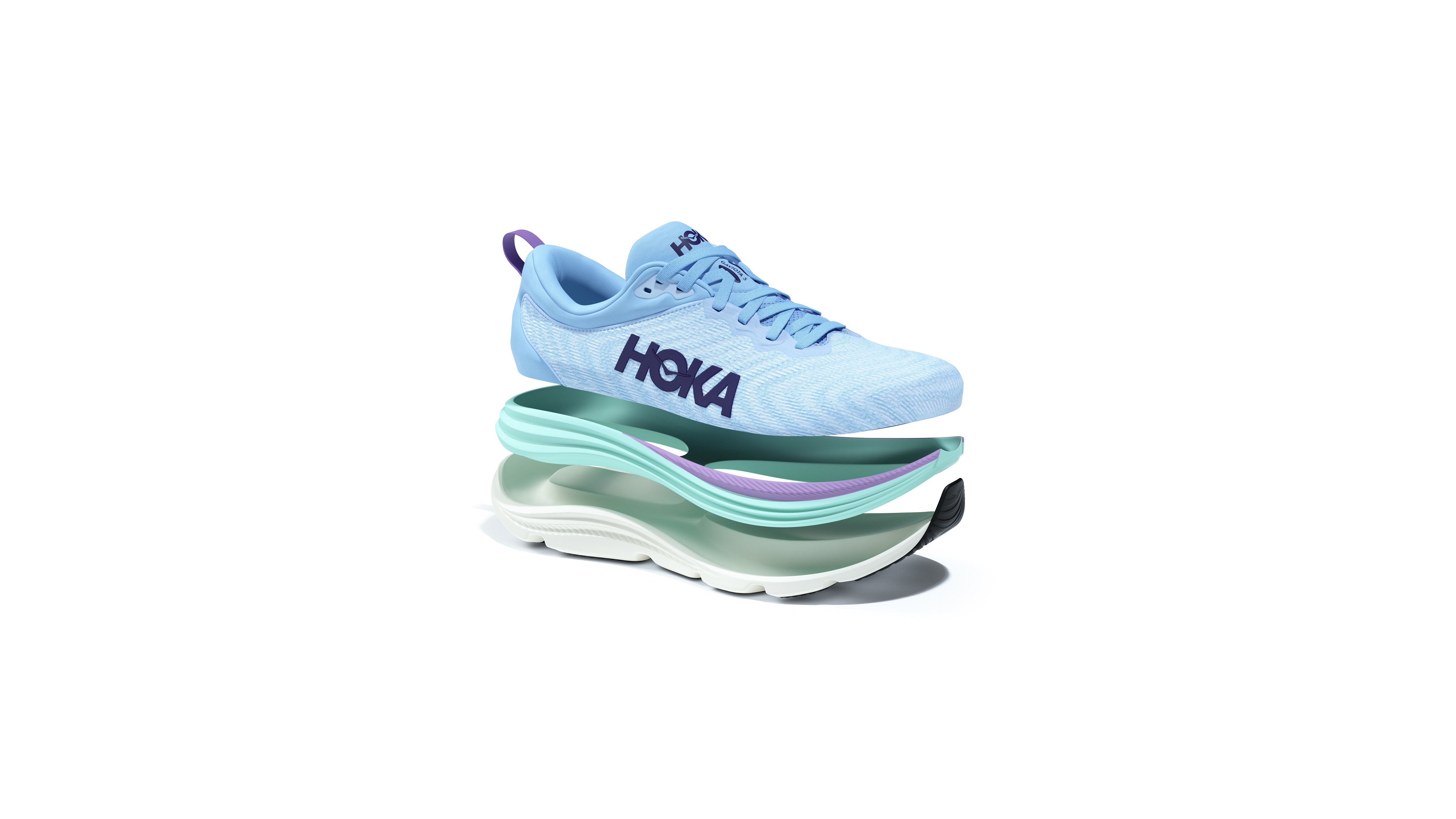 HOKA新一代支撐型緩震跑鞋GAVIOTA 5、全地形緩震之王STINSON 7,兩款新品中底均採全新H-Frame支撐科技,提供跑友柔軟舒適的穩定腳感