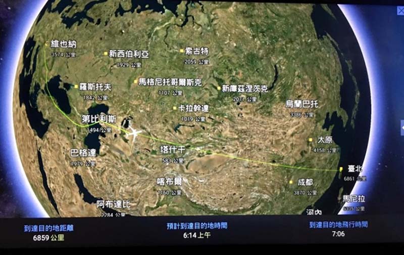 臺灣到維也納:12小時航程,10,435公里,來回*2=20,870公里(楊正寬)