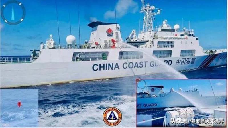 菲國運送物資到仁愛礁暗沙旁的「馬德雷山號」補給,中國海警航擋在路上以高射水炮攔截。圖/取材網易