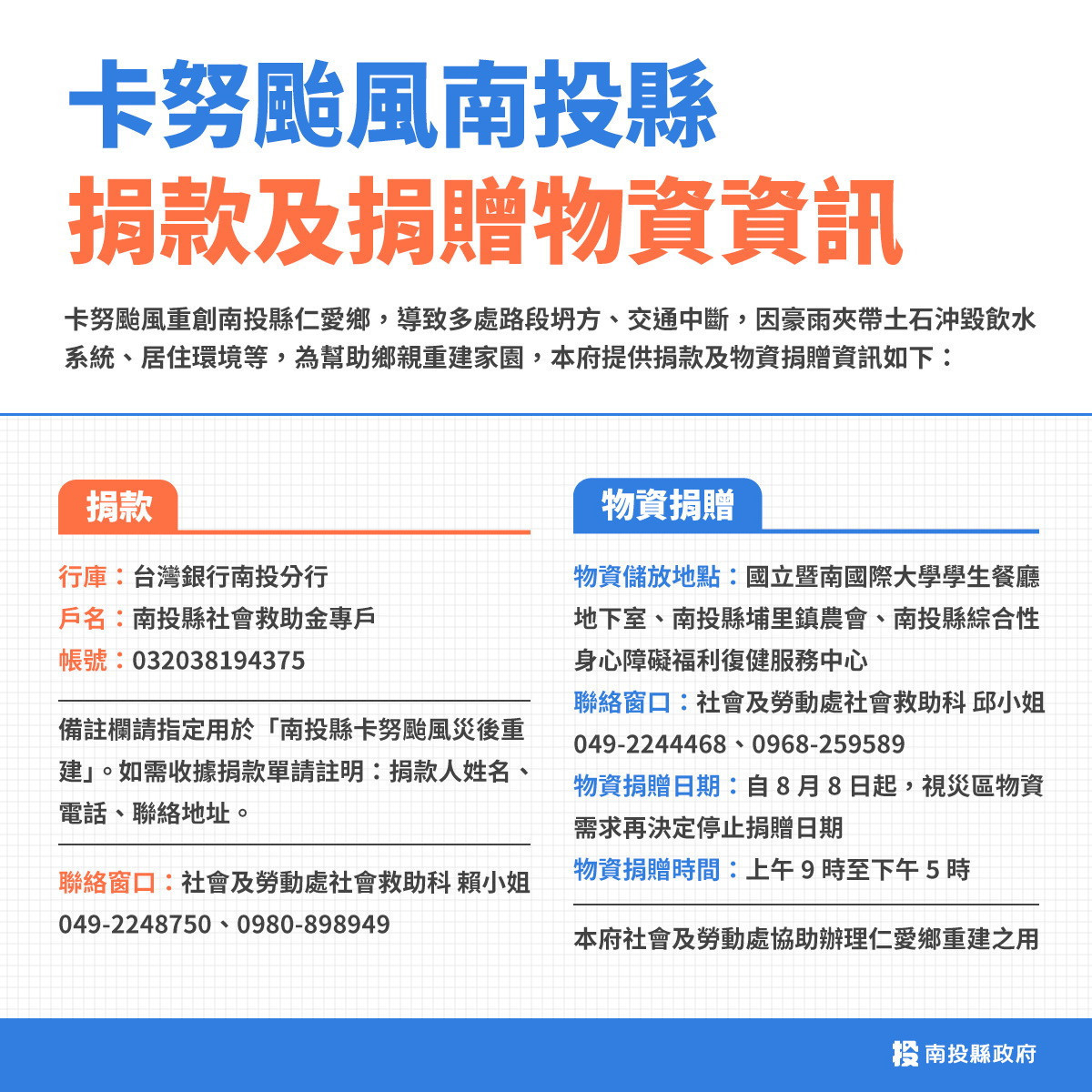 縣府公布物資捐贈帳號方便統一處理。（縣府提供）