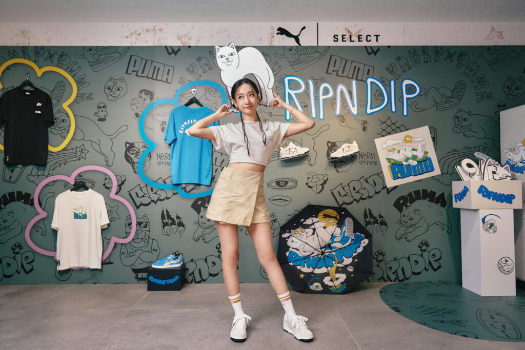 品牌大使Julia吳卓源搶先開箱PUMAxRIPNDIP「中指貓的家」,RIPNDIP系列短袖T恤$1,880、Slipstream RIPNDIP $4,880