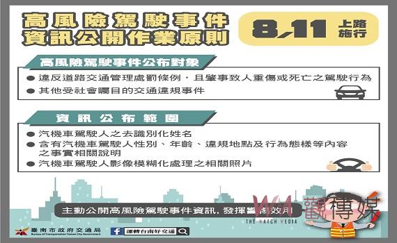 台南市高風險駕駛事件公開資訊　8月11日開始施行